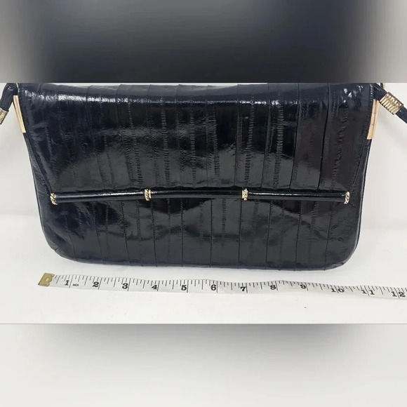 Vintage Eel Skin Black Elegant Exotic Envelope Clutch Crossbody Gold Hardware - Picture 15 of 16